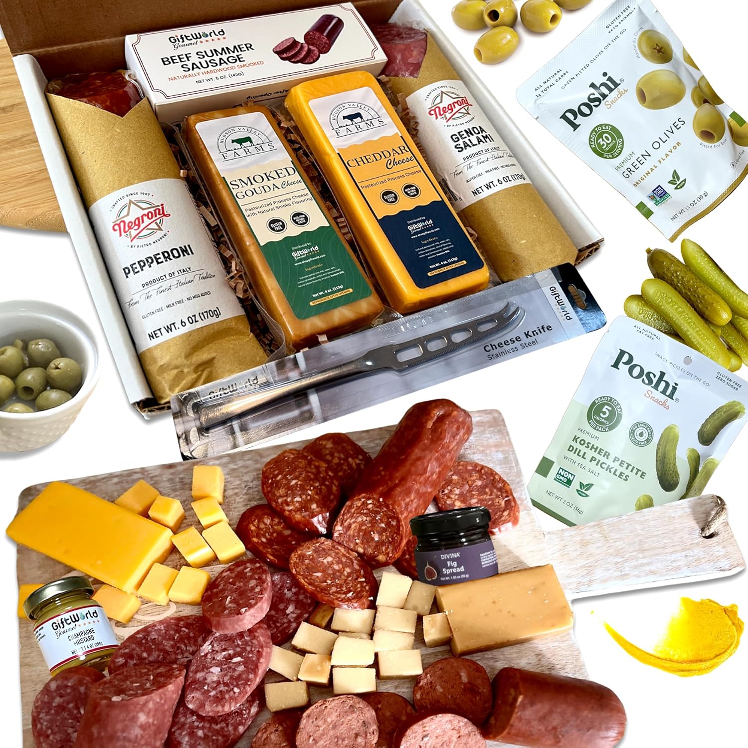 Gourmet Meat & Cheese Charcuterie Gift Box – Salami, Summer Sausage, Cheddar, Gouda, Pickles & Olives